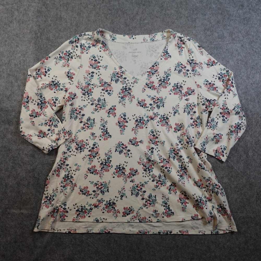 J. Jill Top Womens Large White Pink Floral Pima 3/4 Sleeve VNeck Knit